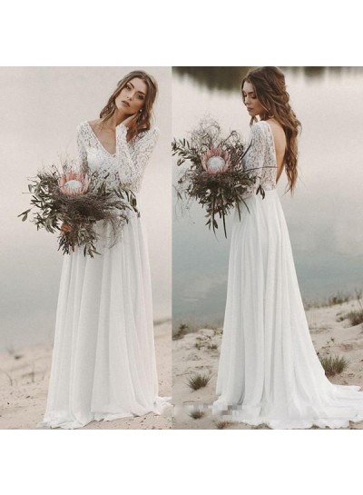 2024 Elegant A Line/Princess Chiffon Long Sleeves V Neck Beach Wedding Dresses / Bridal Gowns