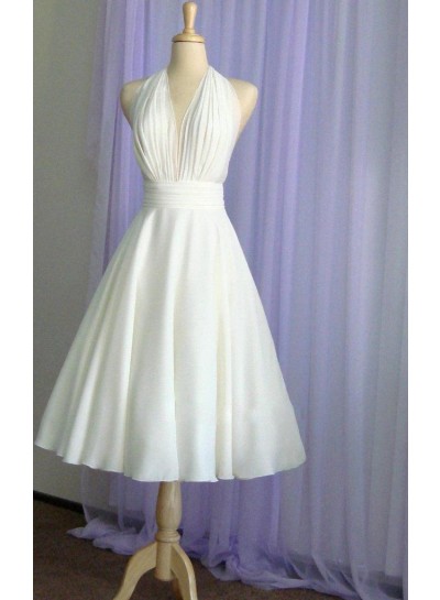 A Line/Princess Chiffon Halter Backless Tea Length Short Wedding Dresses / Bridal Gowns 2024