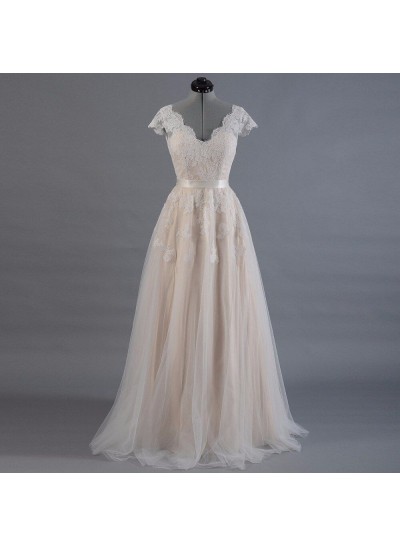 2024 New Arrival A Line/Princess Capped Sleeves Champagne Tulle Belt Wedding Dresses / Bridal Gowns