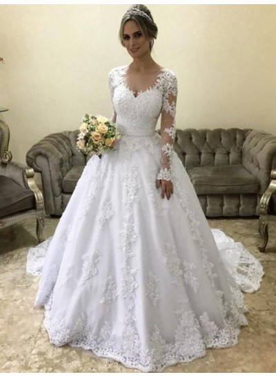 2024 Long Sleeves See Through Tulle Appliques Ball Gown Wedding Dresses