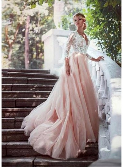 2024 Alluring A Line Tulle Pink V Neck Long Sleeves Lace Hot Sale Wedding Dresses