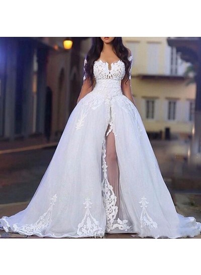 2024 Hot Sale White Long Sleeves Off Shoulder Side Slit Tulle With Appliques Wedding Dresses