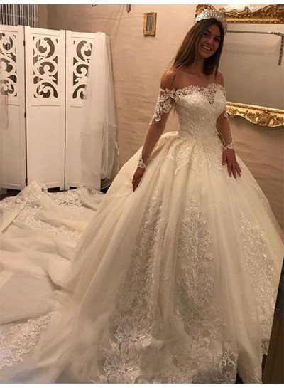 2024 Charming Long Sleeves Off Shoulder Ball Gown Lace Wedding Dresses