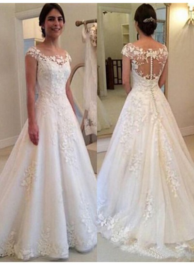2024 New Arrival A Line Hot Sale Capped Sleeves Bateau Lace Wedding Dresses
