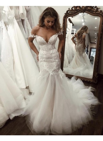 2024 Charming Mermaid Sweetheart Lace Tulle Off Shoulder Lace Hot Sale Wedding Dresses