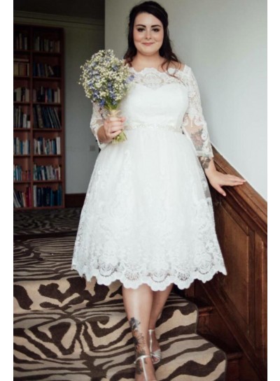 A Line Off Shoulder Long Sleeves Tea Length Short Plus Size Wedding Dresses 2024