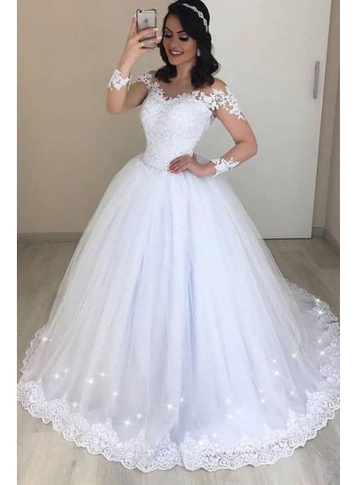 2024 White Long Sleeves Tulle Ball Gown Wedding Dresses With Appliques