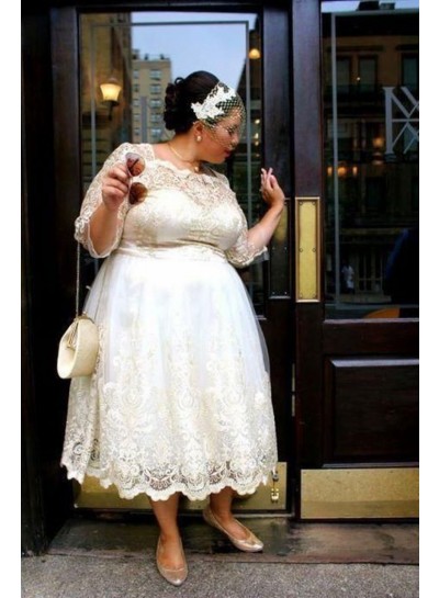 A Line Long Sleeves Lace Tea Length Short Plus Size 2024 Wedding Dresses
