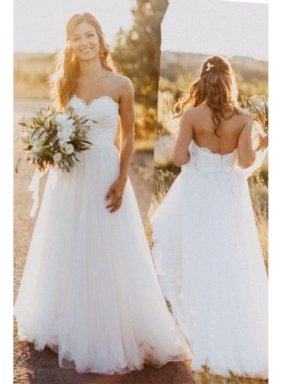 A Line Sweetheart Lace White Tulle Beach Wedding Dresses 2024