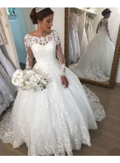 Amazing White Long Sleeves Bateau Lace Ball Gown Wedding Dresses 2024