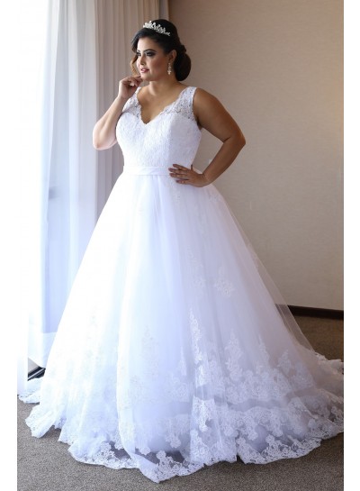 2024 Amazing White V Neck Ball Gown Lace Plus Size Wedding Dresses