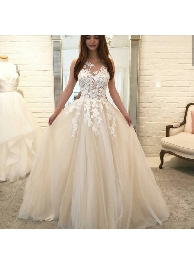 A Line Tulle Scoop Ivory White Appliques Beach Wedding Dresses 2024