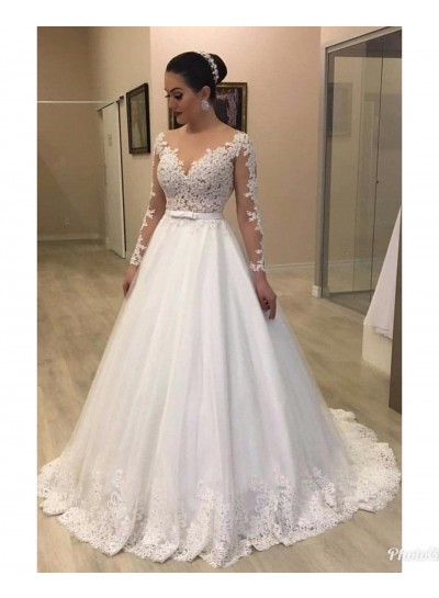 Elegant A Line Long Sleeves Belt Scoop Tulle Lace Wedding Dresses 2024