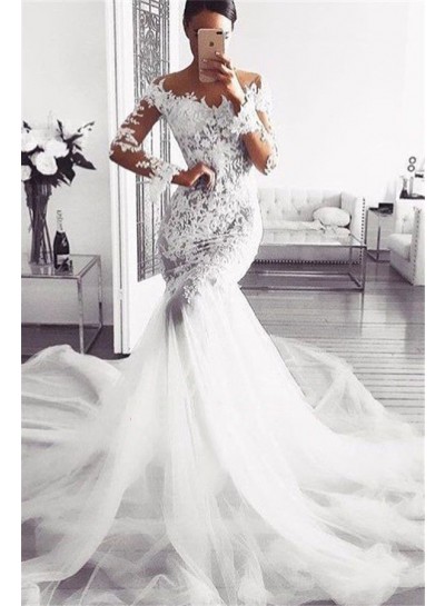 2024 New Arrival Mermaid Long Sleeves Off Shoulder Lace Tulle Long Wedding Dresses
