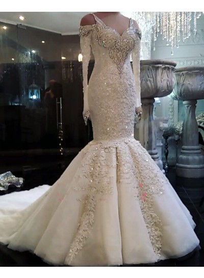 2024 Luxury Mermaid Long Sleeves Sweetheart Beaded Tulle Hollow Out Wedding Dresses