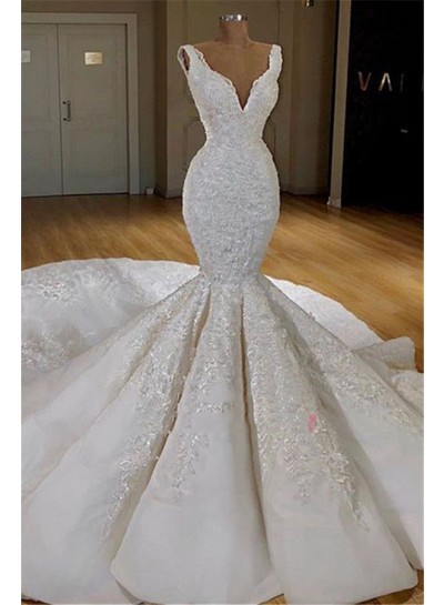 Sexy Mermaid V Neck Long Train Satin Lace Wedding Dresses 2024