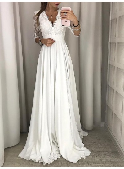 A Line Long Sleeves Chiffon Lace V Neck Beach Wedding Dresses 2024