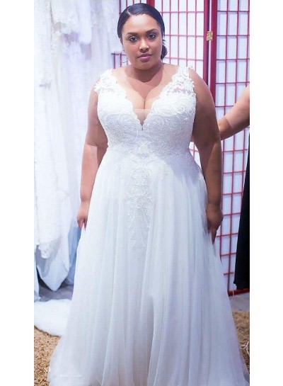 A Line White Tulle V Neck Lace Plus Size Wedding Dresses 2024