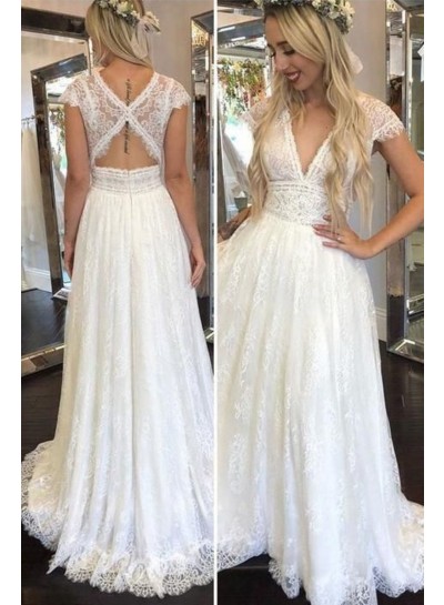 2024 A Line V Neck Capped Sleeves Lace Beach Wedding Dresses