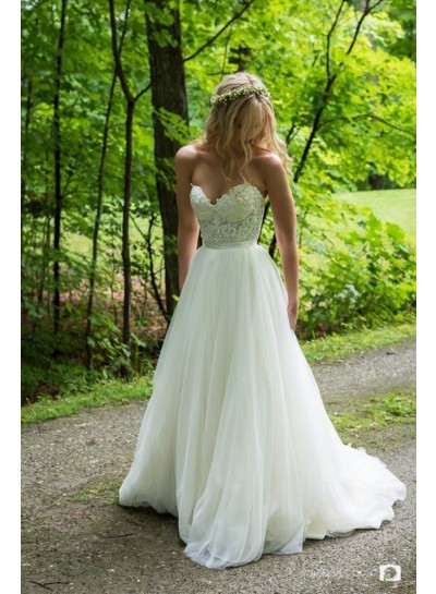 Elegant A Line Chiffon Sweetheart Lace Beach Wedding Dresses 2024