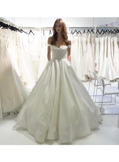 2024 Satin Off Shoulder Sweetheart Pleated Ball Gown Wedding Dresses