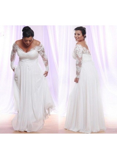 A Line Chiffon Off Shoulder Long Sleeves lace Plus Size Wedding Dresses 2024