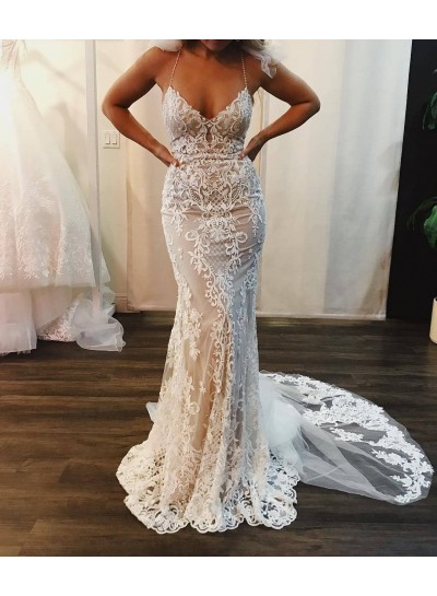 2024 Sexy Mermaid Sweetheart Spaghetti Straps Halter Lace Wedding Dresses