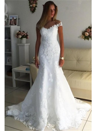 2024 Mermaid White Sweetheart Capped Sleeves Empire Lace Wedding Dresses