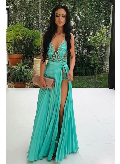 Sexy A Line Pleated V Neck Side Slit Lace Sage Ruch Floor Length 2024 Prom Dresses