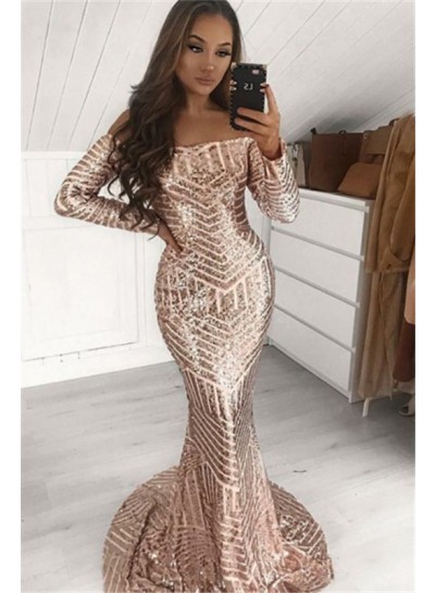 2024 Sexy Mermaid Off Shoulder Long Sleeves Sequence Prom Dresses