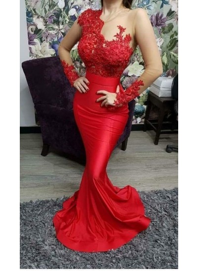 Sexy Mermaid Red Long Sleeves Appliques Satin Prom Dresses 2024