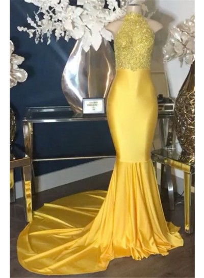 2024 New Arrival Mermaid Yellow High Neck Elastic Satin Prom Dresses With Appliques