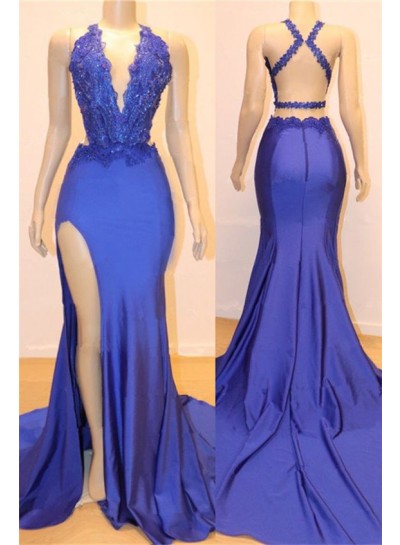 Amazing Sheath Side Slit Royal Blue V Neck Backless Lace Prom Dresses 2024