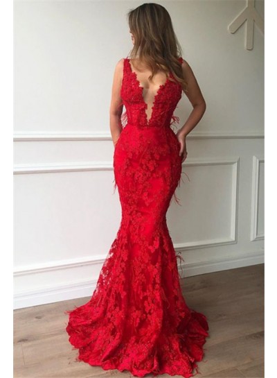 Sexy Red Mermaid V Neck Lace Charming 2024 Prom Dresses
