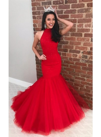 2024 Charming Red Mermaid Tulle High Neck Sequence Long Prom Dresses