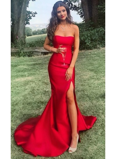 Alluring Red Mermaid Side Slit Satin Strapless Long 2024 Prom Dresses
