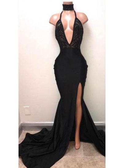 2024 Sexy Mermaid Deep V Neck Side Slit Black Halter Lace Prom Dresses