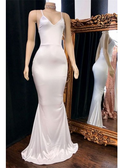 Mermaid White V Neck Backless Elastic Satin Prom Dresses 2024