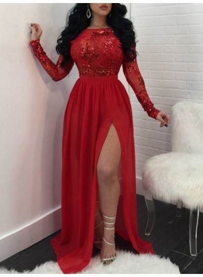 2024 A Line Chiffon Side Slit Red Scoop Long Sleeves Appliques Prom Dresses