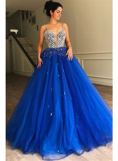 Royal Blue Sweetheart Beaded Open Front Tulle Ball Gown Prom Dresses 2024