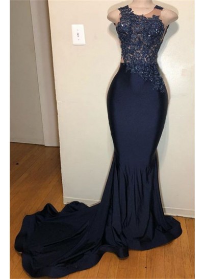 New Arrival Dark Navy Long Stretchy Prom Dresses 2024 With Appliques