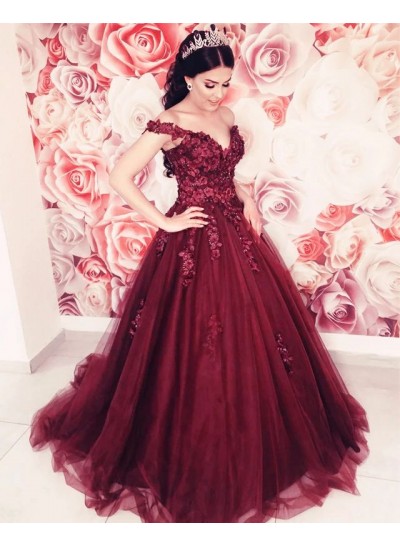 Elegant A Line Off Shoulder Sweetheart Tulle Floral Patterns Burgundy Prom Dresses 2024
