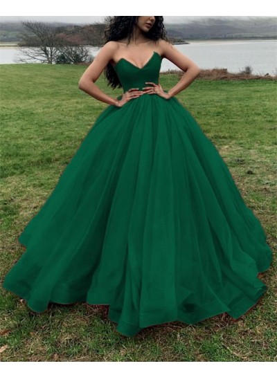 2024 New Arrival Sweetheart Strapless Tulle Hunter Green Ball Gown Prom Dresses