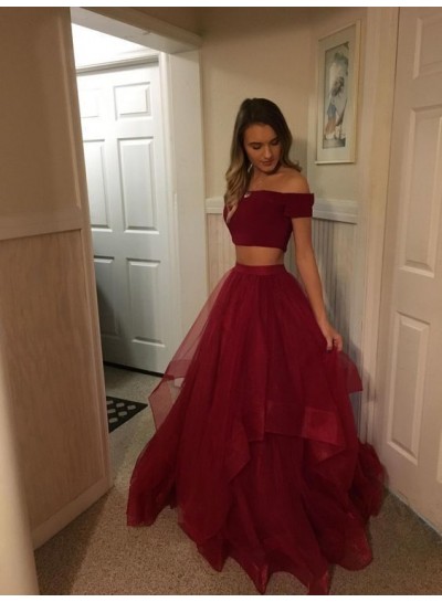 New Arrival A Line Two Pieces Burgundy Tulle Off Shoulder 2024 Prom Dresses