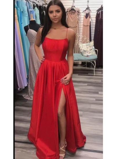 Amazing A Line Red Side Slit Spaghetti Straps 2024 Prom Dresses