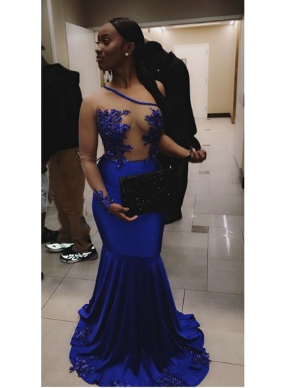 2024 Charming Royal Blue Sheath One Shoulder See Through Prom Dresses With Appliques