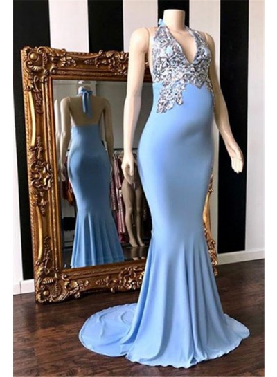 2024 Sheath Blue Halter Backless Beaded Maternity Prom Dresses