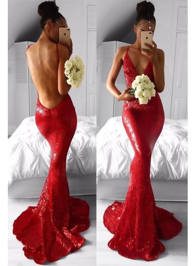 2024 Sexy Red Mermaid Backless V Neck Sequence Prom Dresses