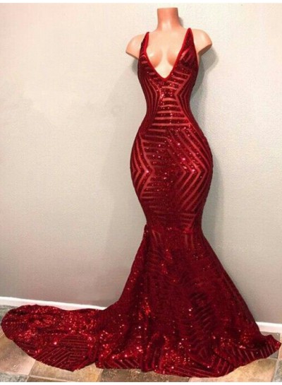 2024 Charming Red V Neck Mermaid Sequence Backless Long Prom Dresses