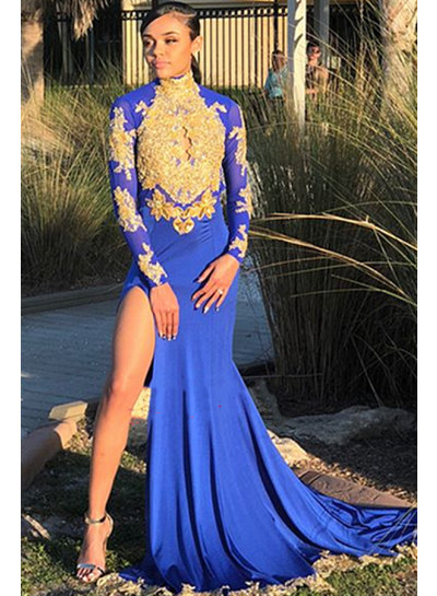 2024 Long Sleeves Royal Blue High Neck Side Slit Gold Appliques Prom Dresses